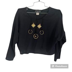 Morgan City Vintage Cropped Black Pullover Top with Gold Detailing Sz M